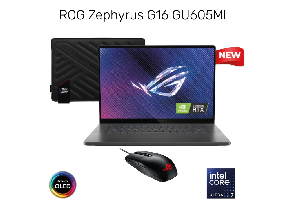 NEW (2024) Laptop ROG Zephyrus G16 | Intel Core Ultra 7 Processor RTX™ 4070 32GB DDR5X 16" 240Hz WQXGA OLED with ROG Zephyrus Sleeve ROG Impact Gaming Mouse & Win 11