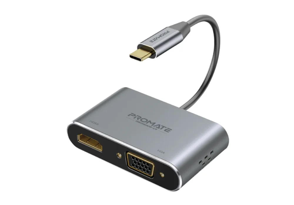 Promate MediaHub-C2 USB-C Display Adapter, Premium 2-In-1 USB-C to 1080 60Hz VGA and 4K 30Hz HDMI Adapter with Dual Screen Display Support