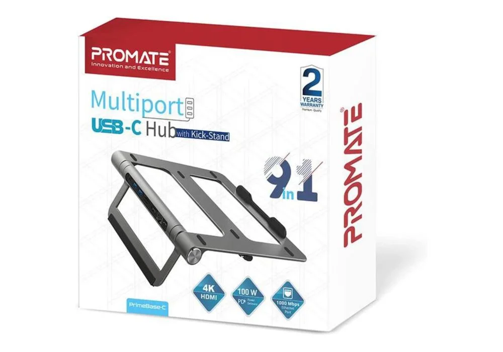 Promate Aluminum Laptop Dock Station Stand 9-in-1 USB-C Hub Detachable 100W USB-C Power Delivery 4K HDMI Port 1Gbps Ethernet Port 2xUSB 3.0 Ports & MicroSD Slot