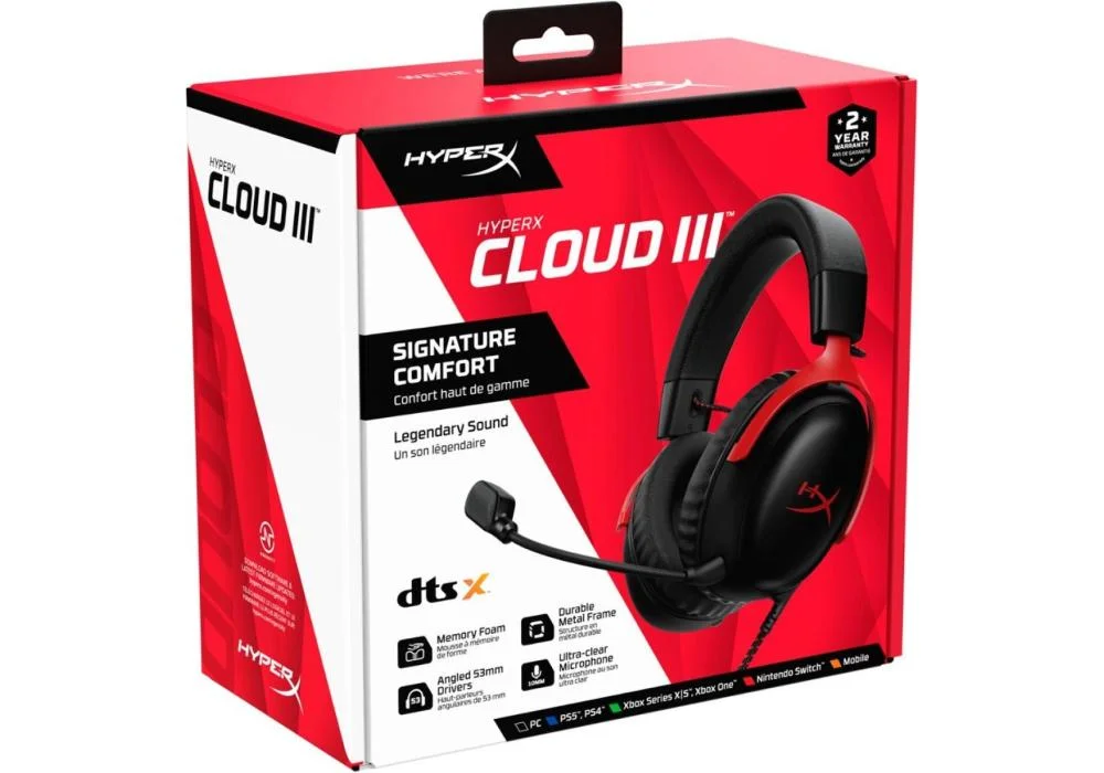 HyperX Cloud III - Gaming Headset 7.1 Virtual Surround Sound for PC / PS4 / Mac / Mobile (Black/Red)