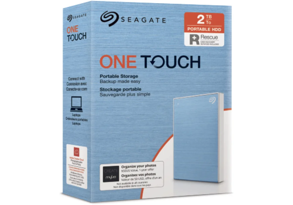External Seagate One Touch +Rescue 2TB, Portable HDD USB 3.0 Micro-B -Light Blue