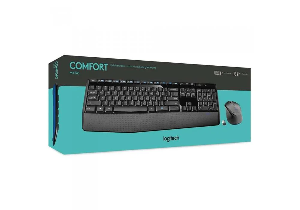 Logitech MK345 Wireless Combo Full-Sized Keyboard with Palm Rest and Comfortable Right-Handed Mouse, 2.4 GHz Wireless USB Receiver, Compatible with PC, Laptop,Black