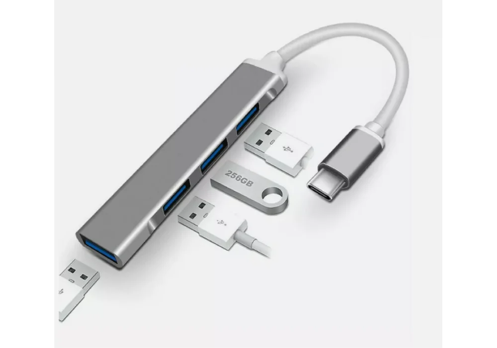 USB Type-C Hub 4 Ports to USB 3.0 Hub Adapter for MacBook and More /Metal Silver