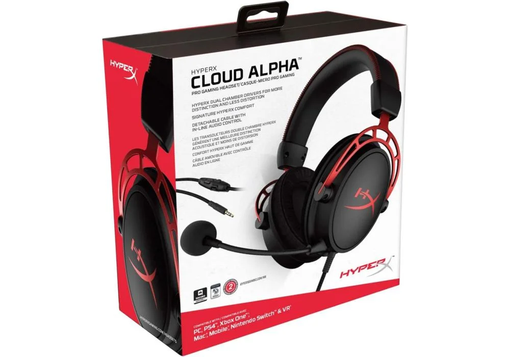HP HyperX Cloud Alpha Gaming Headset Dual Chamber Aluminum Frame Detachable Microphone – Black & Red