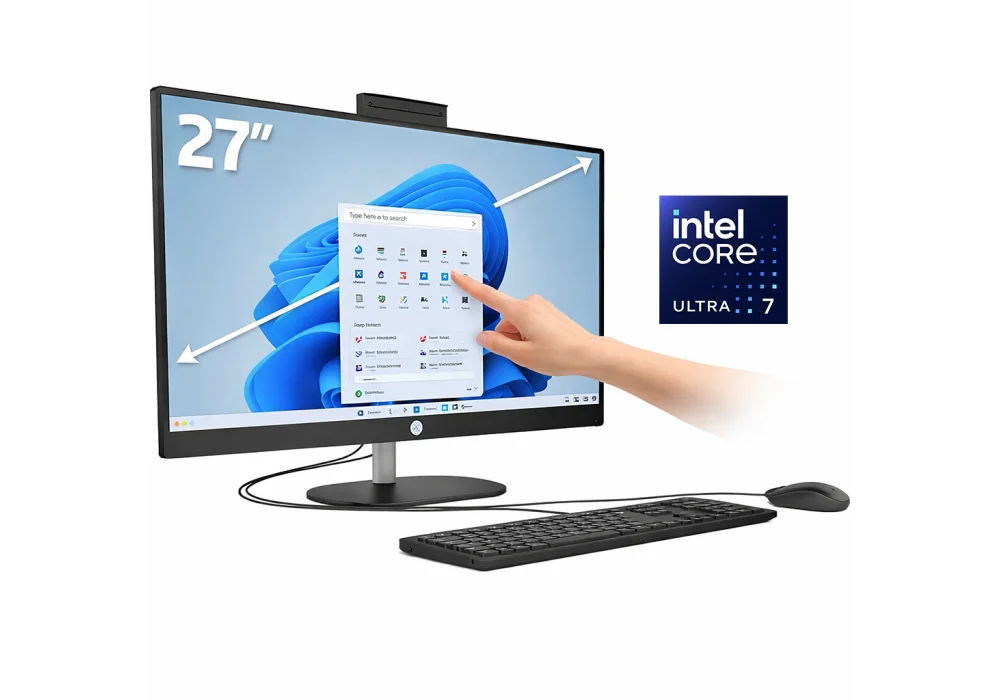 HP All-in-One Desktop AI 27-cr2040ne AIO PC (D2LG9EA), Intel Core Ultra 7 255U Up to 5.2GHz 12 Cores, 8GB DDR5 (Upgradable), 512GB SSD, 27" FHD IPS Touch, Wi-Fi 6, BT 5.4, w/ Keyboard & Mouse - Jet Black