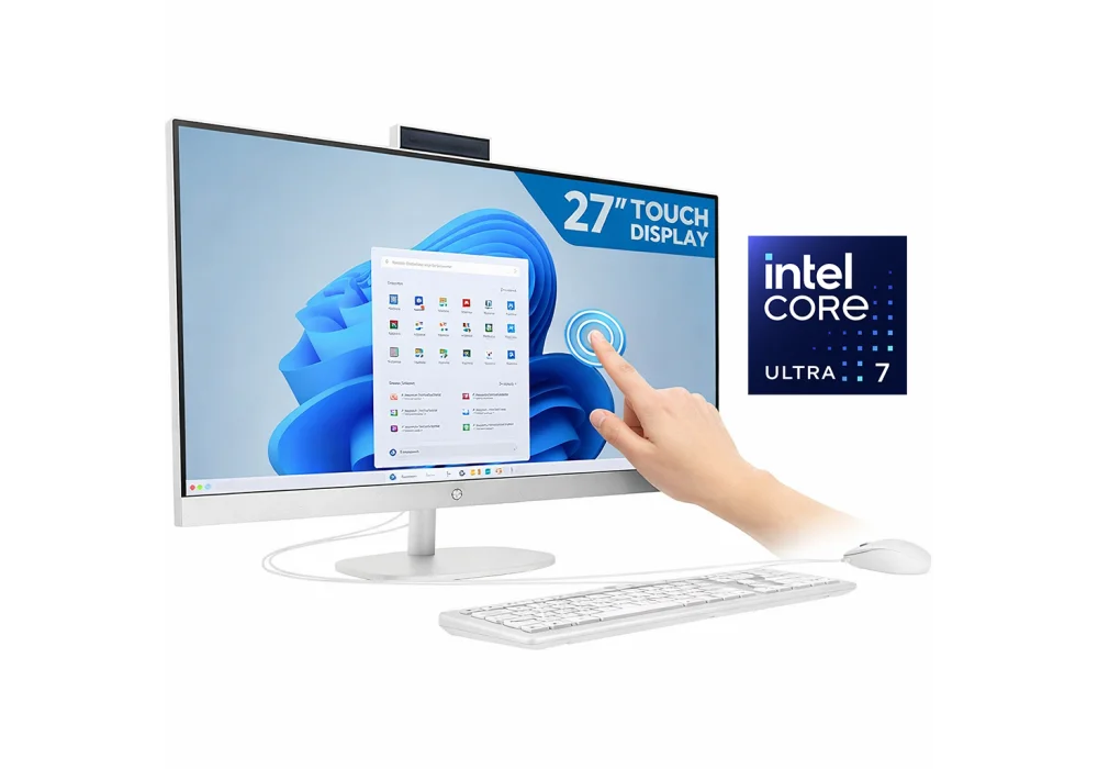 HP All-in-One Desktop AI 27-cr2039ne AIO PC (D2LG8EA), Intel Core Ultra 7 255U Up to 5.2GHz 12 Cores, 8GB DDR5 (Upgradable), 512GB SSD, 27" FHD IPS Touch, Wi-Fi 6, BT 5.4, w/ Keyboard & Mouse - Shell White