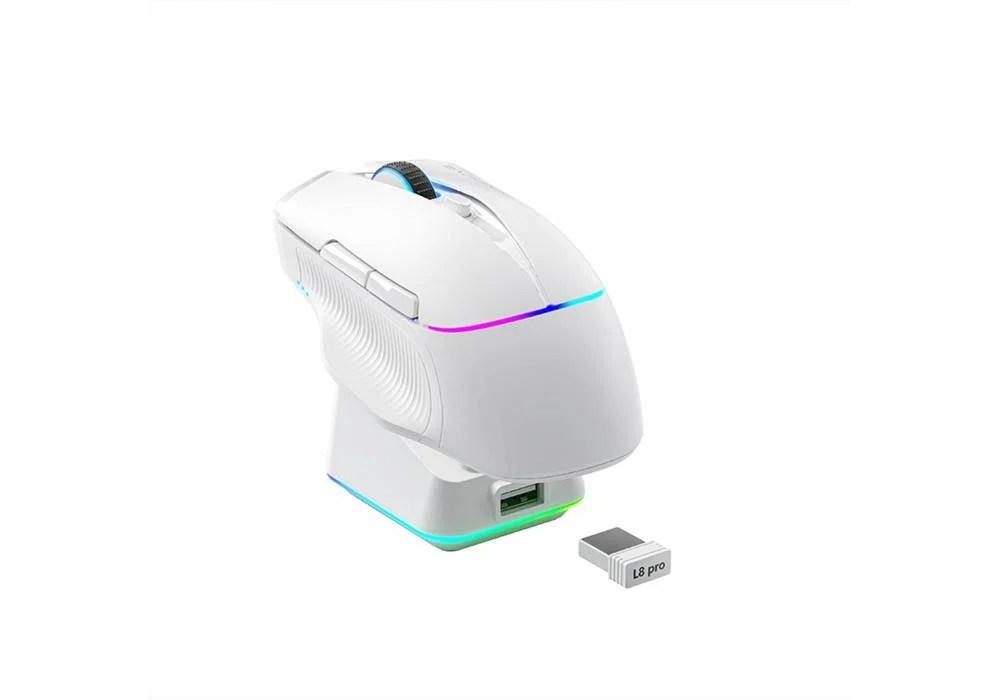 Machenike 8KHz Wireless Gaming Mouse with RGB Charging Dock, 26,000 DPI, PAW3395 Sensor, RGB Backlit, 6 Programmable Buttons, Long Battery Life, Gaming Mouse Compatible with PC & Mac, Wired / 2.4G / Bluetooth - White